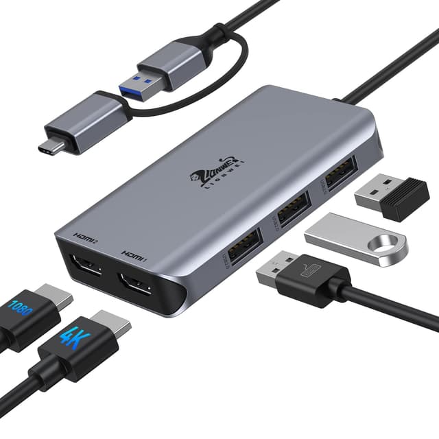 🦁 LIONWEI USB C Hub 2 HDMI, USB A auf Dual HDMI Adapter Dockingstation USB C 2 HDMI, 3 USB 2.0 Adapter Dual Monitor HDMI Splitter
