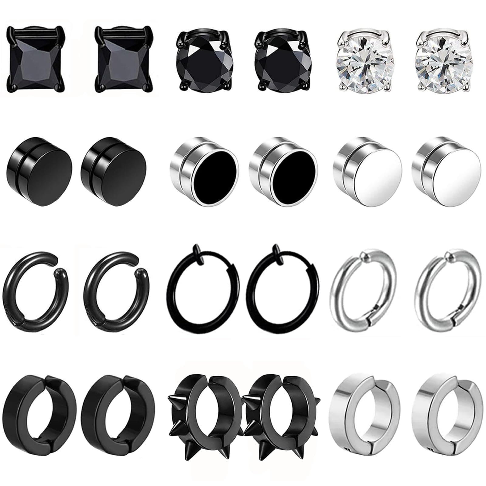 12 Paar Magnet Ohrringe Herren Damen Set Schwarz Silber 🌟 Nicht Durchdringende Clip Ohrstecker