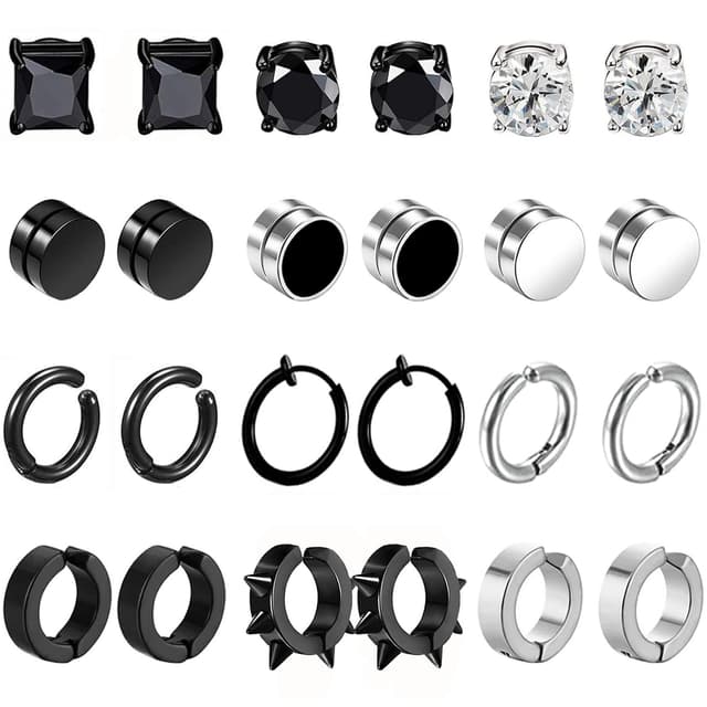12 Paar Magnet Ohrringe Herren Damen Set Schwarz Silber 🌟 Nicht Durchdringende Clip Ohrstecker