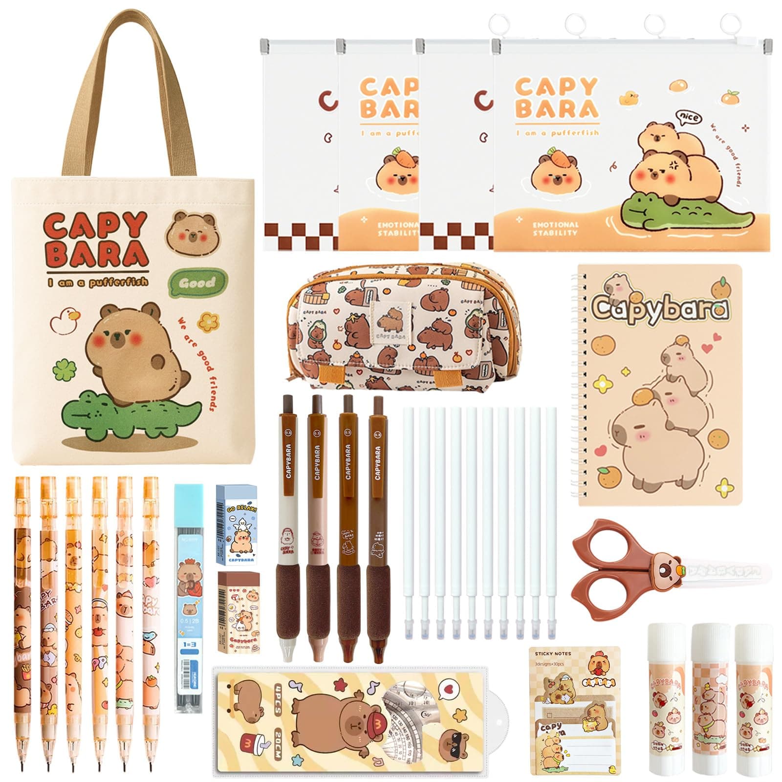 Zadoreck Capybara Schulsachen Schreibwaren Set 🌟 Tasche aus Segeltuch, Gelstifte, Notizbuch 📚