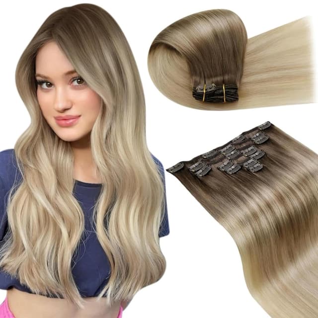 LaaVoo Ombre Extensions Echthaar Clip in Blond Echthaar Clip in Extensions Balayage Hellbraun Hellblond Clip in Haarverlängerung Remy 105g