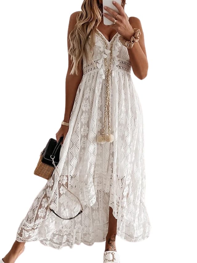 CUPSHE Damen Sommerkleid V Ausschnitt Floral Spitze Quasten Spaghetti Trägerkleid XL Weiß 🌸👗