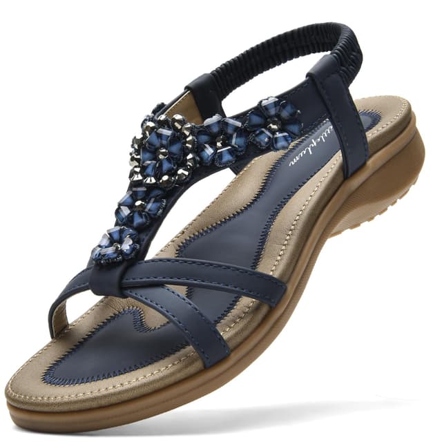 🌸 Littleplum Sandalen Damen Flache Bohemian Sandaletten mit Strass Perlen Damen Sandalen 40 EU Blau 🌸