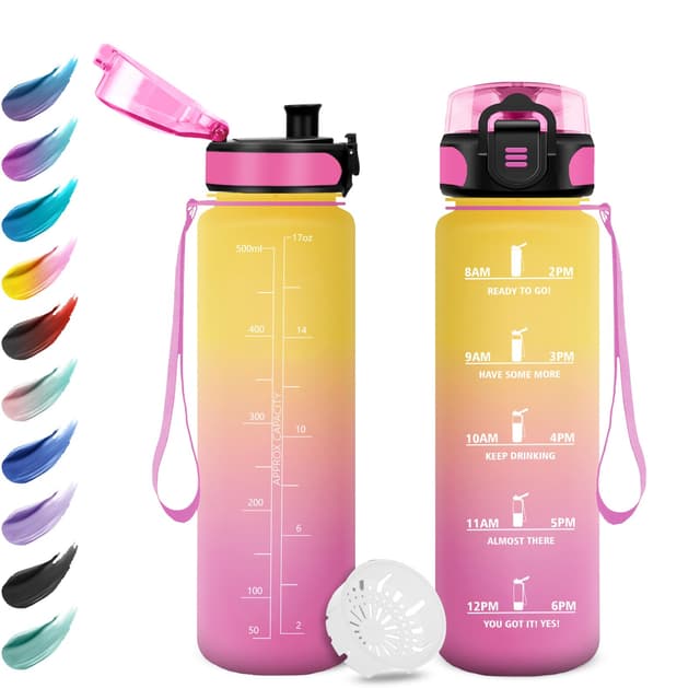 Trinkflasche 500ml | Wasserflasche mit Filter | Sport Trinkflaschen | Auslaufsicher | Zeitmarkierungen | Gelb + Rosa 500 ml