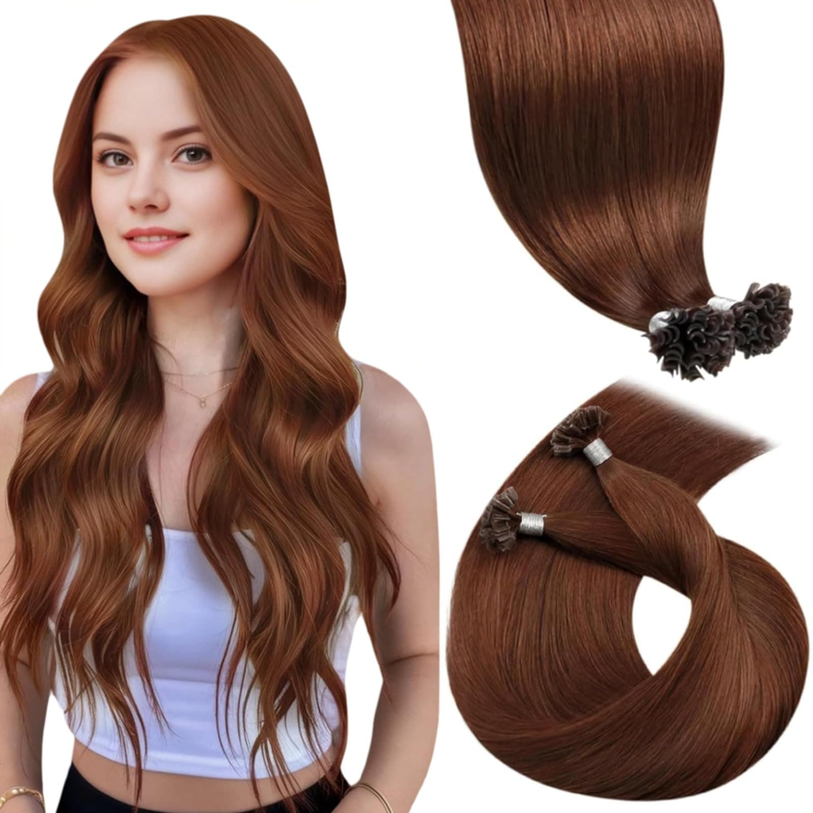 LaaVoo Extensions Echthaar Bondings Rotbraun Echthaar Extensions Bondings Rot Echthaar Extensions Mit Keratin Bondings Pre Bonded 1g/s #33 50G 50Strähne 40cm 40 cm 1-24 U Tip#33