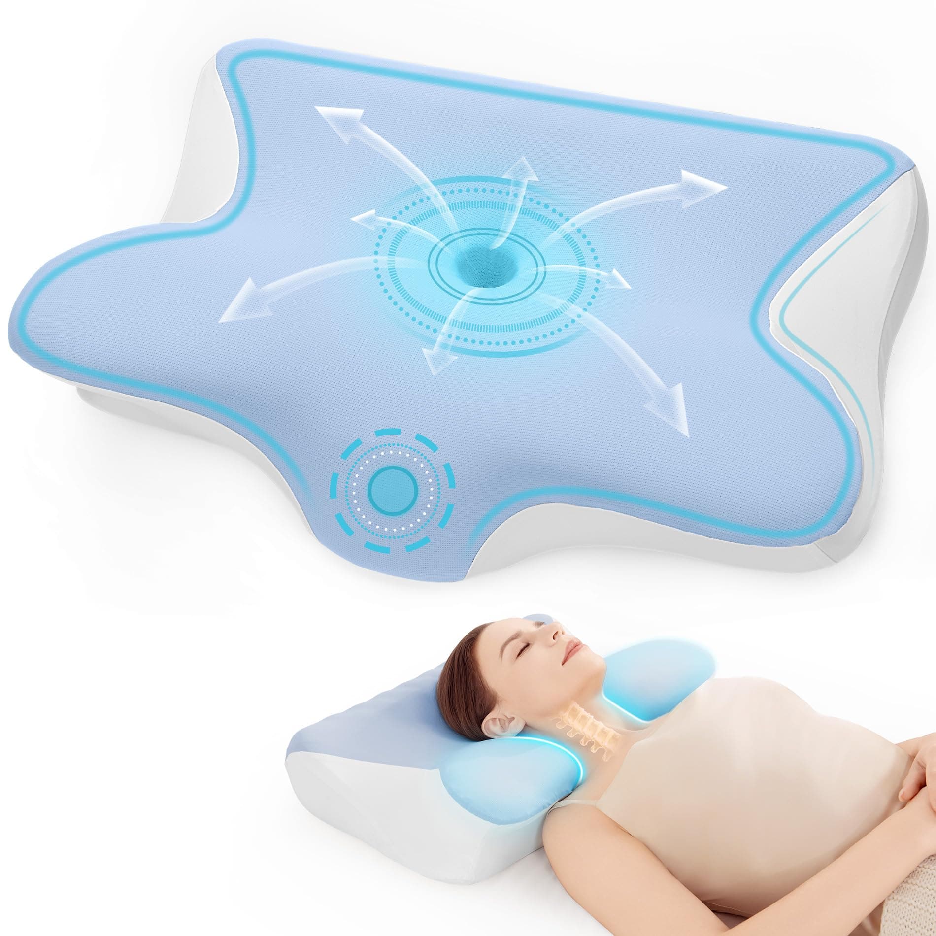 Restnature Orthopädisches Nackenstützkissen 🛌💤 | Höhenverstellbares Memory-Schaum-Kissen für Seiten-, Rücken- & Bauchschläfer | Zertifiziertes Antischnarchkissen ergonomisch, Weiß & Blau