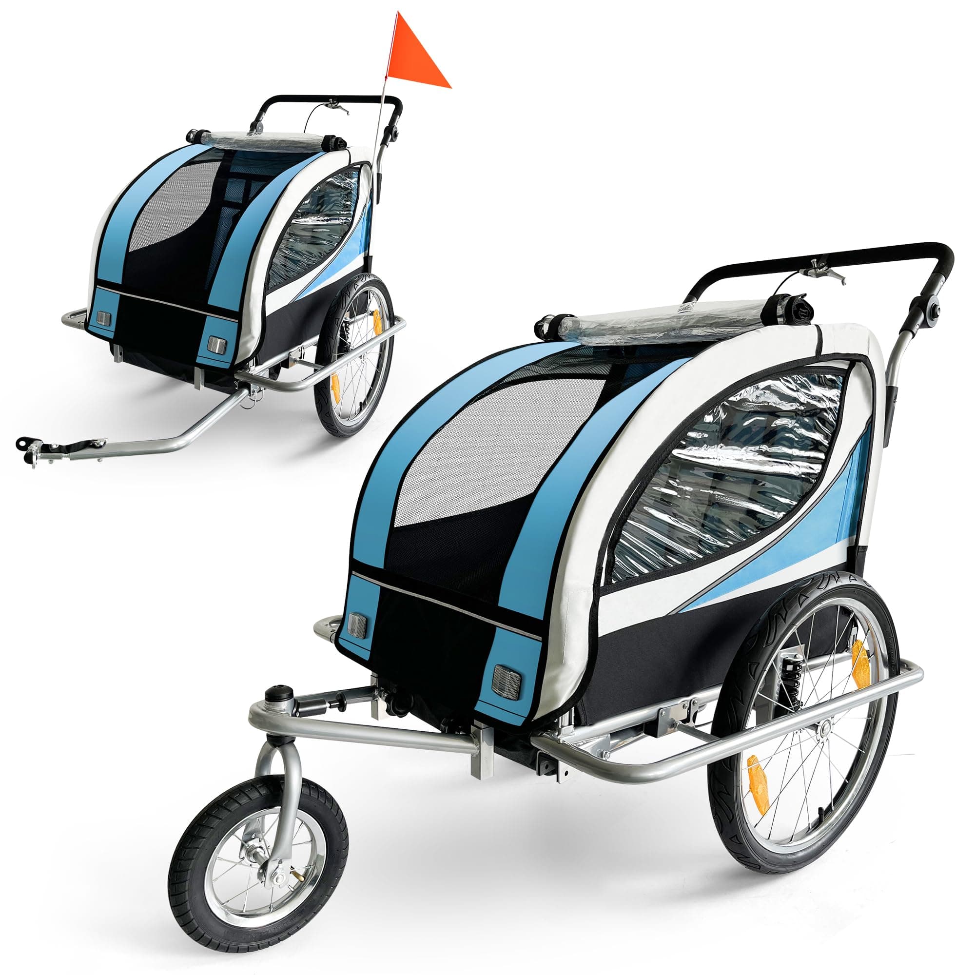 🚴‍♂️🔵 SAMAX Fahrradanhänger Jogger 2in1 für 2 Kinder in Blau - Silberrahmen