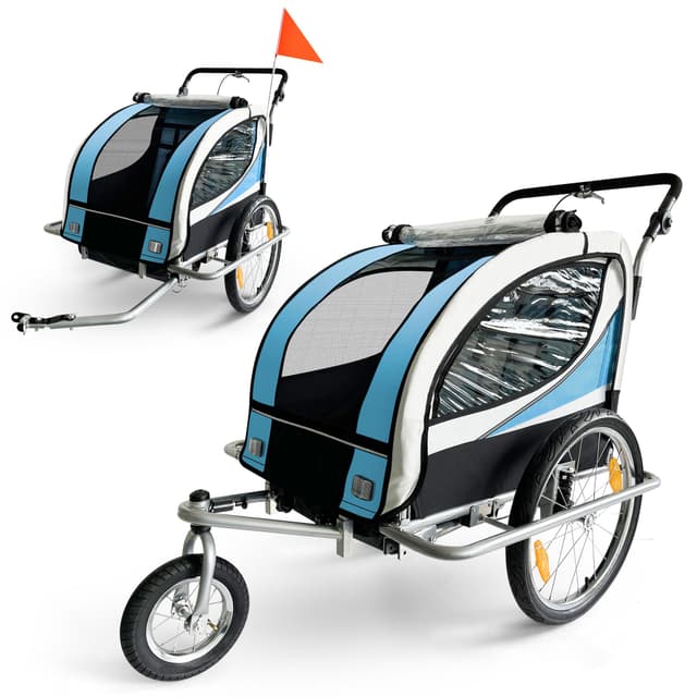 🚴‍♂️🔵 SAMAX Fahrradanhänger Jogger 2in1 für 2 Kinder in Blau - Silberrahmen