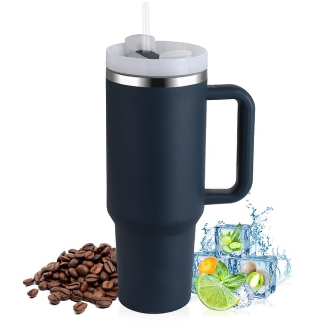 🥤 PRAOAHEI 40oz Thermobecher mit Strohhalm und Henkel, Marineblau 🌟