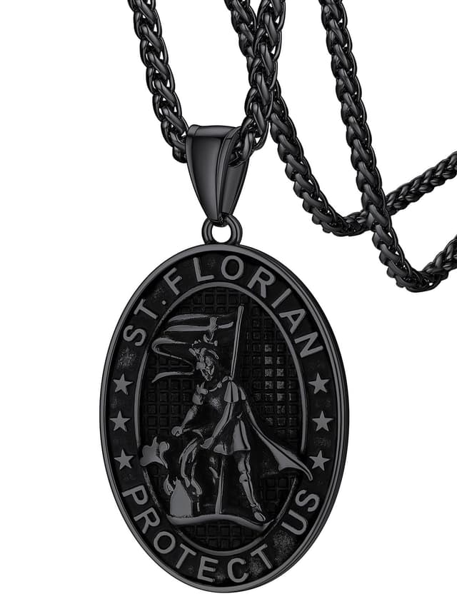 FaithHeart Heiliger Florian Kette für Herren Jungen - Oval-Schwarz ✿ Schutzpatron der Feuerwehr ✿