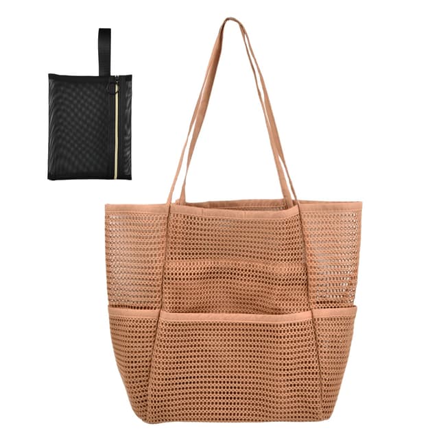 🏖️ Shengxi Mesh Strandtasche Damen | Große Strandtasche mit Reißverschluss | Umhängetasche Damen mit Kosmetiktasche