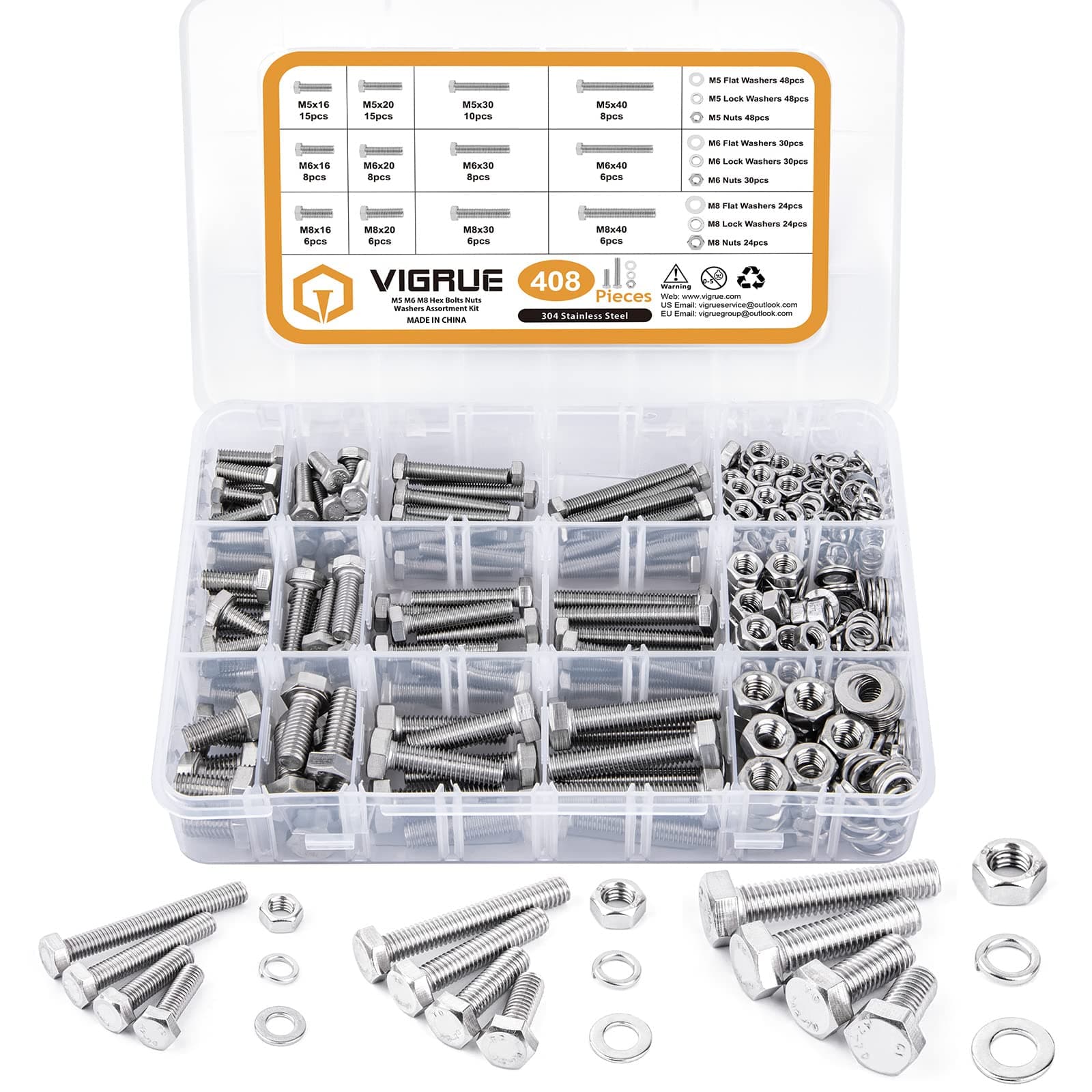 VIGRUE 408 Stück M5 M6 M8 Sechskantschrauben Edelstahl A2 Schrauben Set mit Muttern Unterlegscheiben DIN933 Bolzen Vollgewindeschrauben