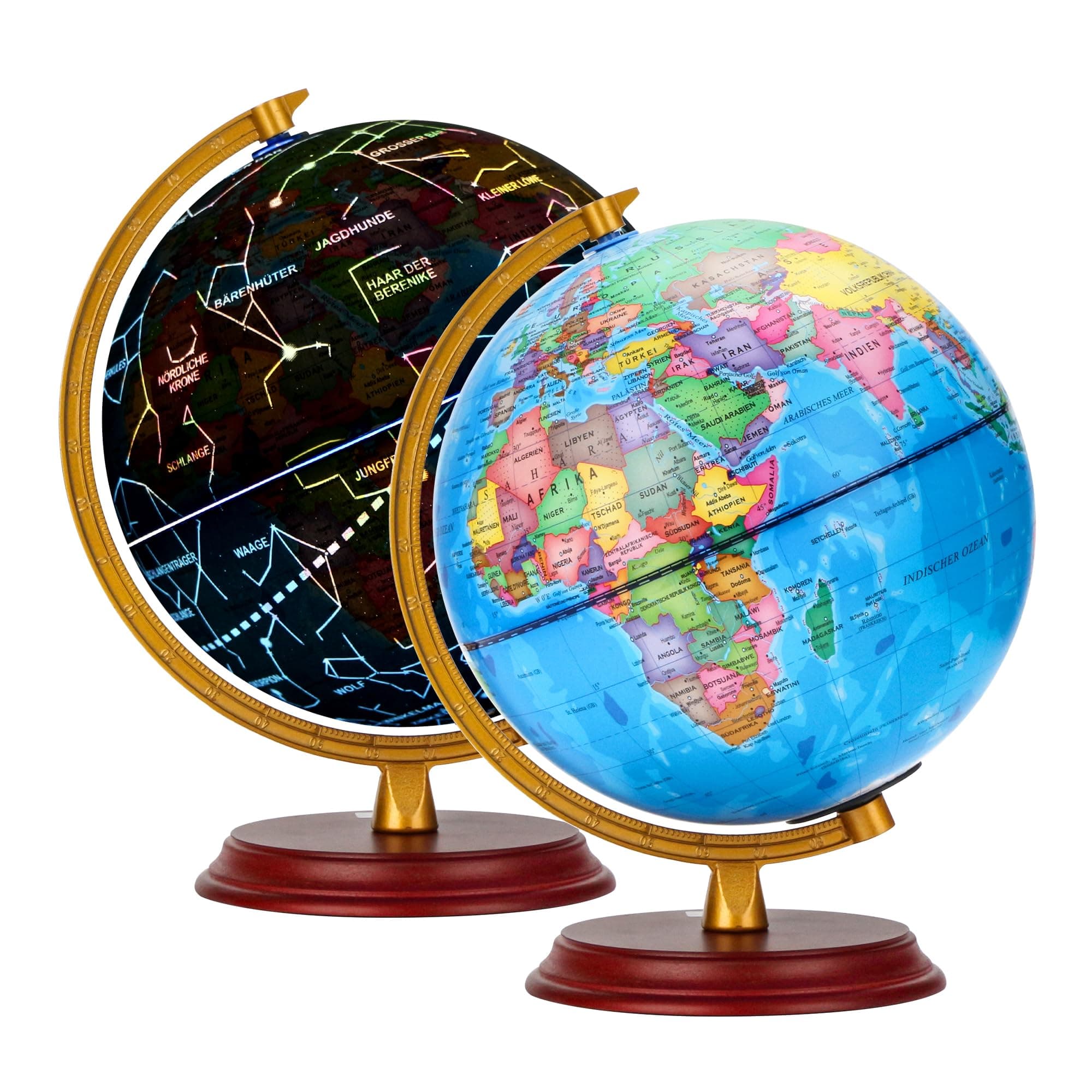 🌍🌟 EXERZ 20cm Leuchtglobus Holzsockel - 2 in 1 Weltkarte & Konstellationskarte - LED-Lampe - Deutsch