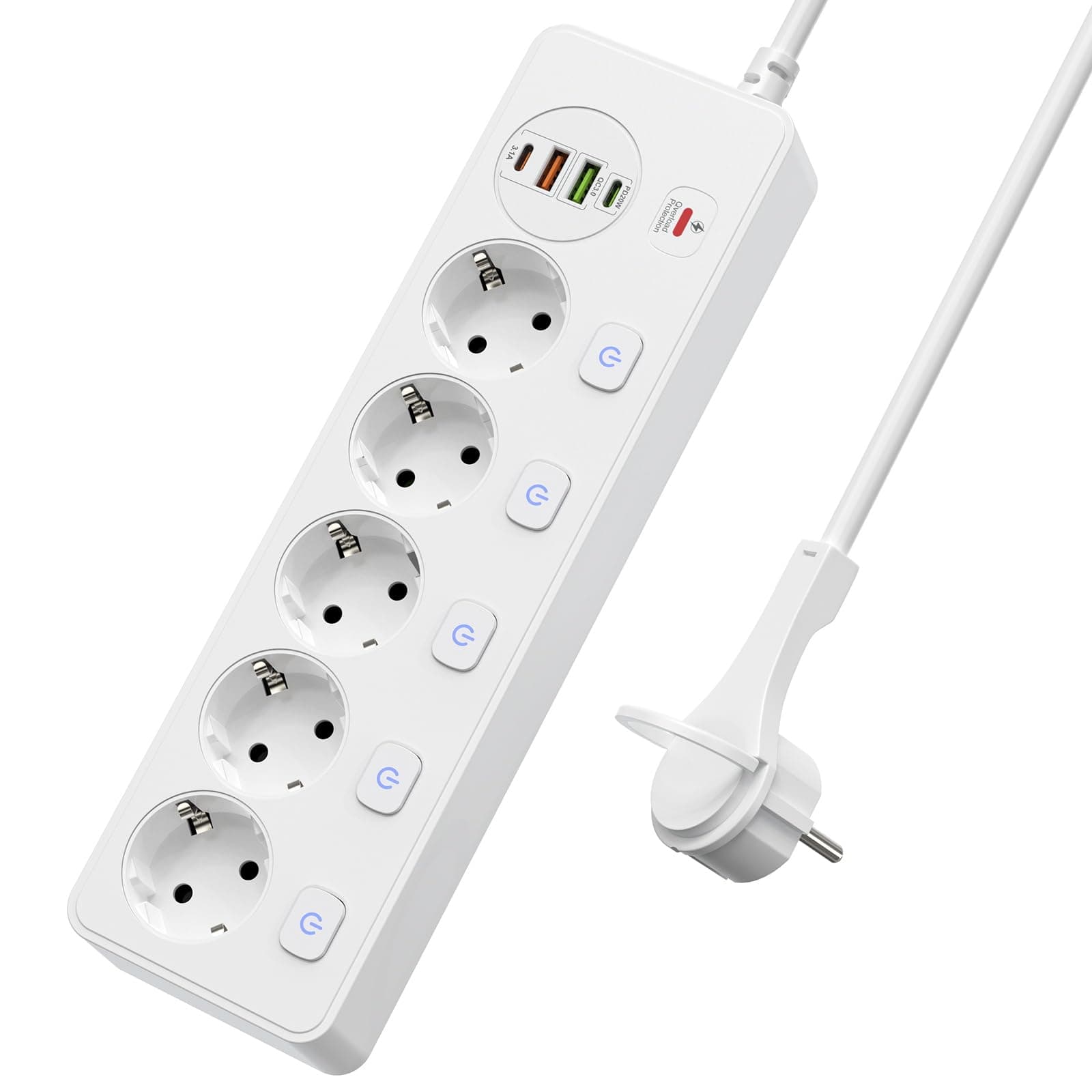 Steckdosenleiste 5 Fach Einzeln Schaltbar mit USB, Weiß