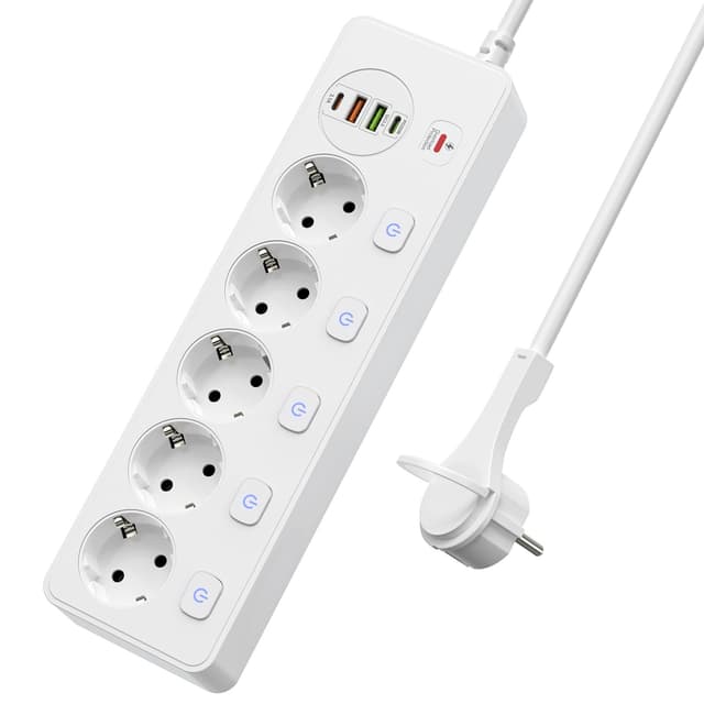 Steckdosenleiste 5 Fach Einzeln Schaltbar mit USB, Weiß