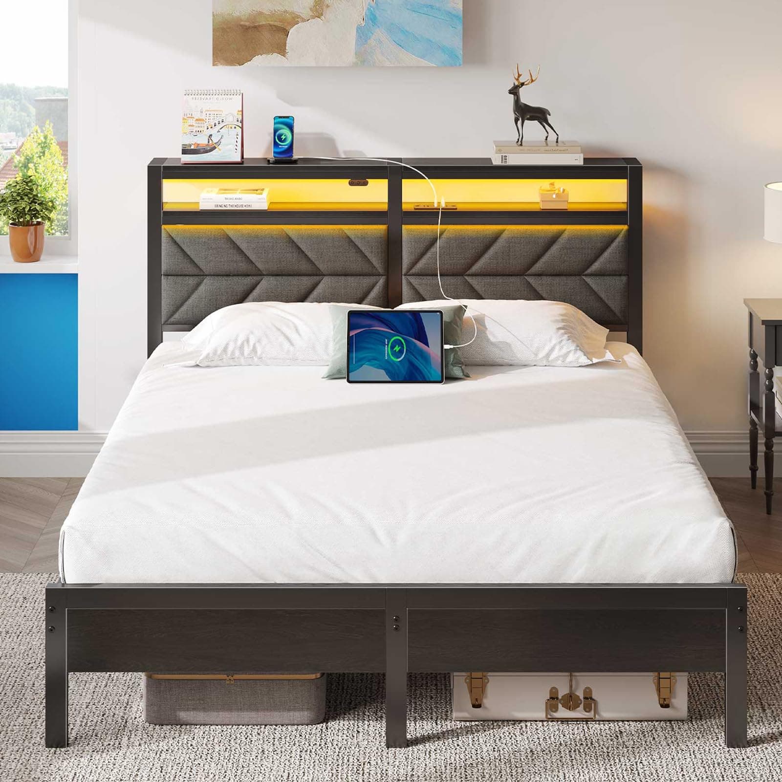 Gemütliches Seventable Bett 140x200 mit LED und Ladestation - Grau 140 x 200 cm