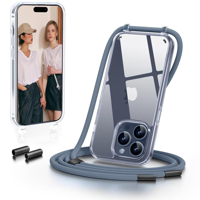 GOODVISH Handykette für iPhone 15 Pro Hülle mit Band | Kameraschutz und Bildschirmschutz | Necklace Handyhülle mit Schnur Schutzhülle zum Umhängen | Transparentes Case, Blau iPhone 15 Pro 6.1 Zoll