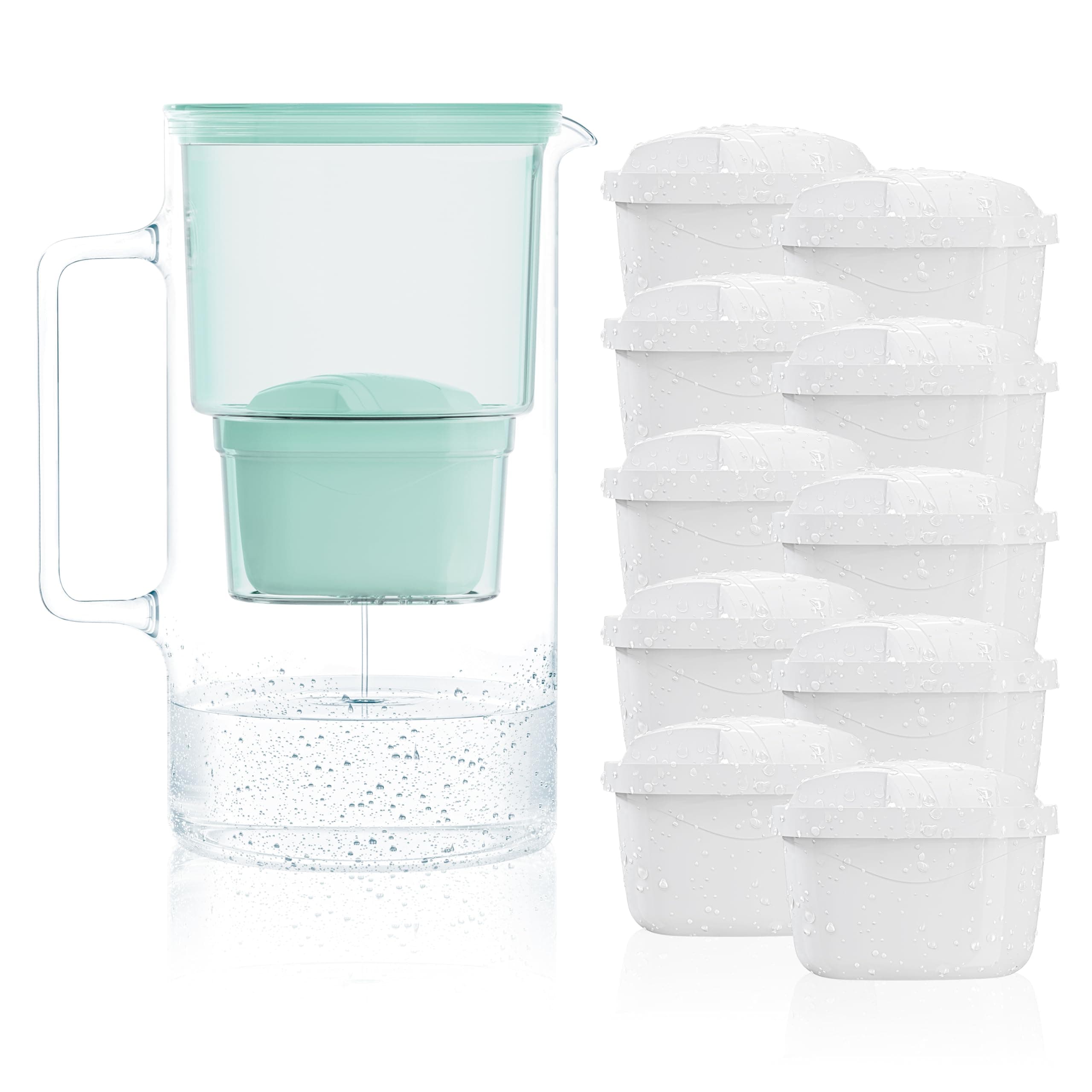 Wessper Wasserfilter Kanne Glas 3L Set 🌿 10 Filterkartuschen 🚰 Wasserkaraffe für Trinkwasser mit Ersatz Filter Kompatibel mit Brita Maxtra - Minze