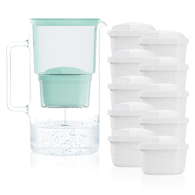Wessper Wasserfilter Kanne Glas 3L Set 🌿 10 Filterkartuschen 🚰 Wasserkaraffe für Trinkwasser mit Ersatz Filter Kompatibel mit Brita Maxtra - Minze