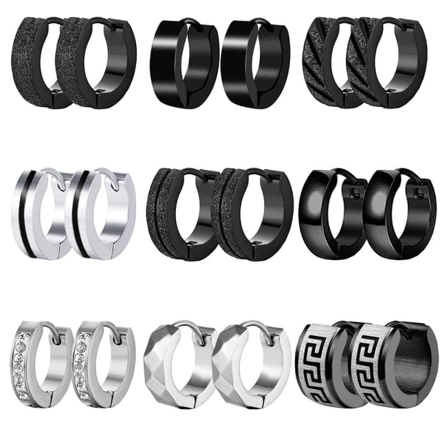 Herren Schwarz Edelstahl Creolen Ohrringe Set 🖤👂