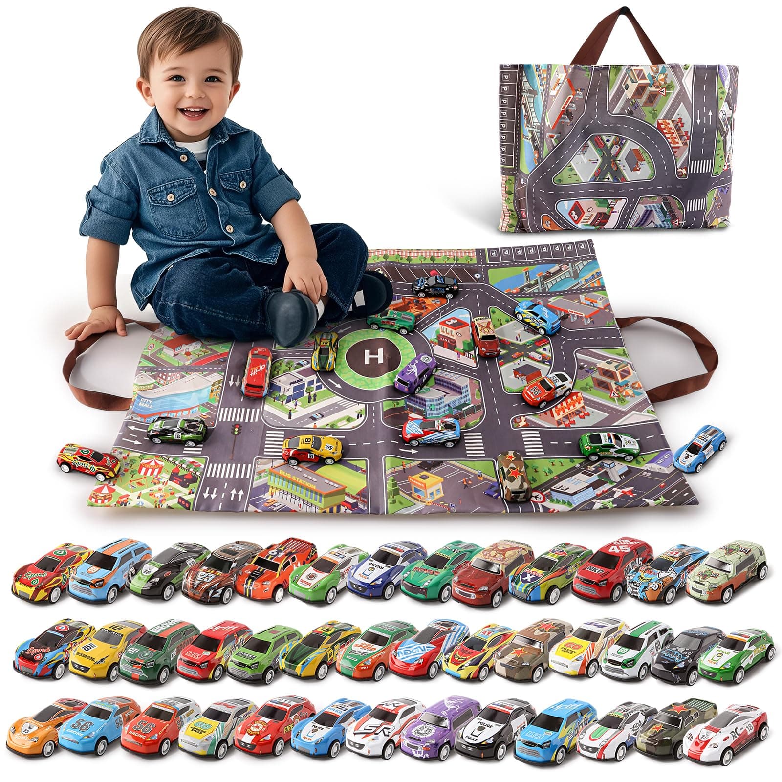 🚗 Varrotoy 40-teiliges Spielzeugautos zum Zurückziehen für Kinder mit Spielmatte 🎁