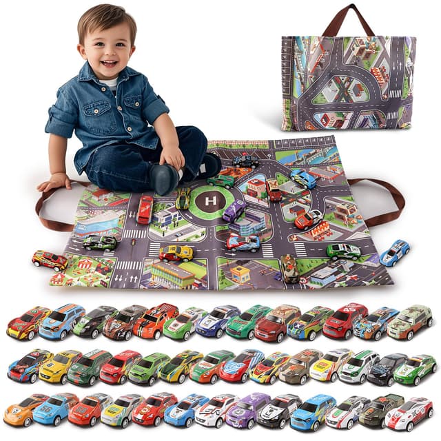 🚗 Varrotoy 40-teiliges Spielzeugautos zum Zurückziehen für Kinder mit Spielmatte 🎁