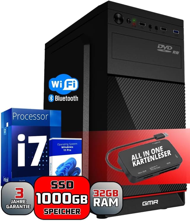 Leistungsstarker Desktop PC mit Windows 11 Pro, Intel Core i7, 32GB RAM, 1024GB NVME SSD