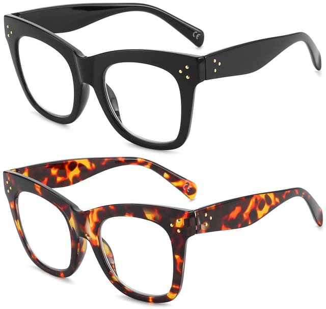 AJYADO Lesebrille Damen Katzenauge Brille Mit Licht Für Senioren Groß Blaulichtfilter Lesebeillen Lesehilfe 2-Pcs Schwarz Schildkröte Schwarz / Schildkröte 2.5 x