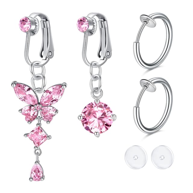Incaton Fake Bauchnabelpiercing, Silber Gold Chirurgenstahl Clip CZ Kristallkugel Anhänger Schmetterling Lang B/Silber-Rosa cz 😍💎