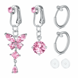Incaton Fake Bauchnabelpiercing, Silber Gold Chirurgenstahl Clip CZ Kristallkugel Anhänger Schmetterling Lang B/Silber-Rosa cz 😍💎