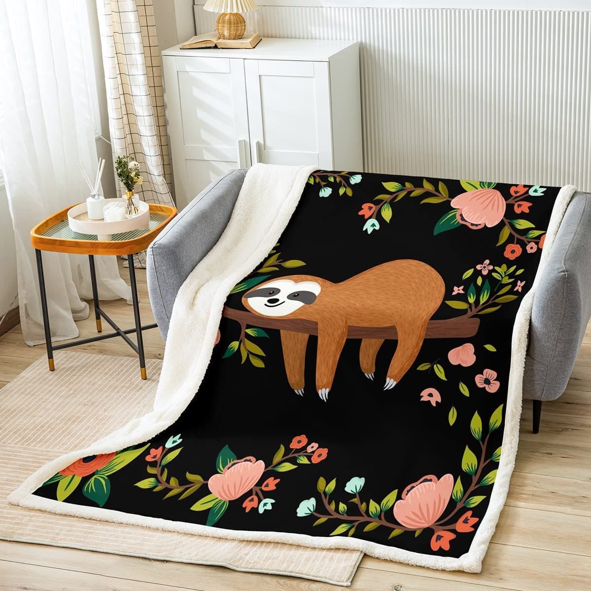 Homewish Kawaii Faultier Überwurfdecke 🌸🦥 Süße Blumentier Faultier Bettdecke 🌟 Schönes Tier Faultier Plüschdecke AST Schwarz Braun Fuzzy-Decke Cartoon-Tier Schlafzimmerdekoration - 150 x 200 Multi 19 150x200cm