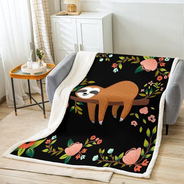 Homewish Kawaii Faultier Überwurfdecke 🌸🦥 Süße Blumentier Faultier Bettdecke 🌟 Schönes Tier Faultier Plüschdecke AST Schwarz Braun Fuzzy-Decke Cartoon-Tier Schlafzimmerdekoration - 150 x 200 Multi 19 150x200cm