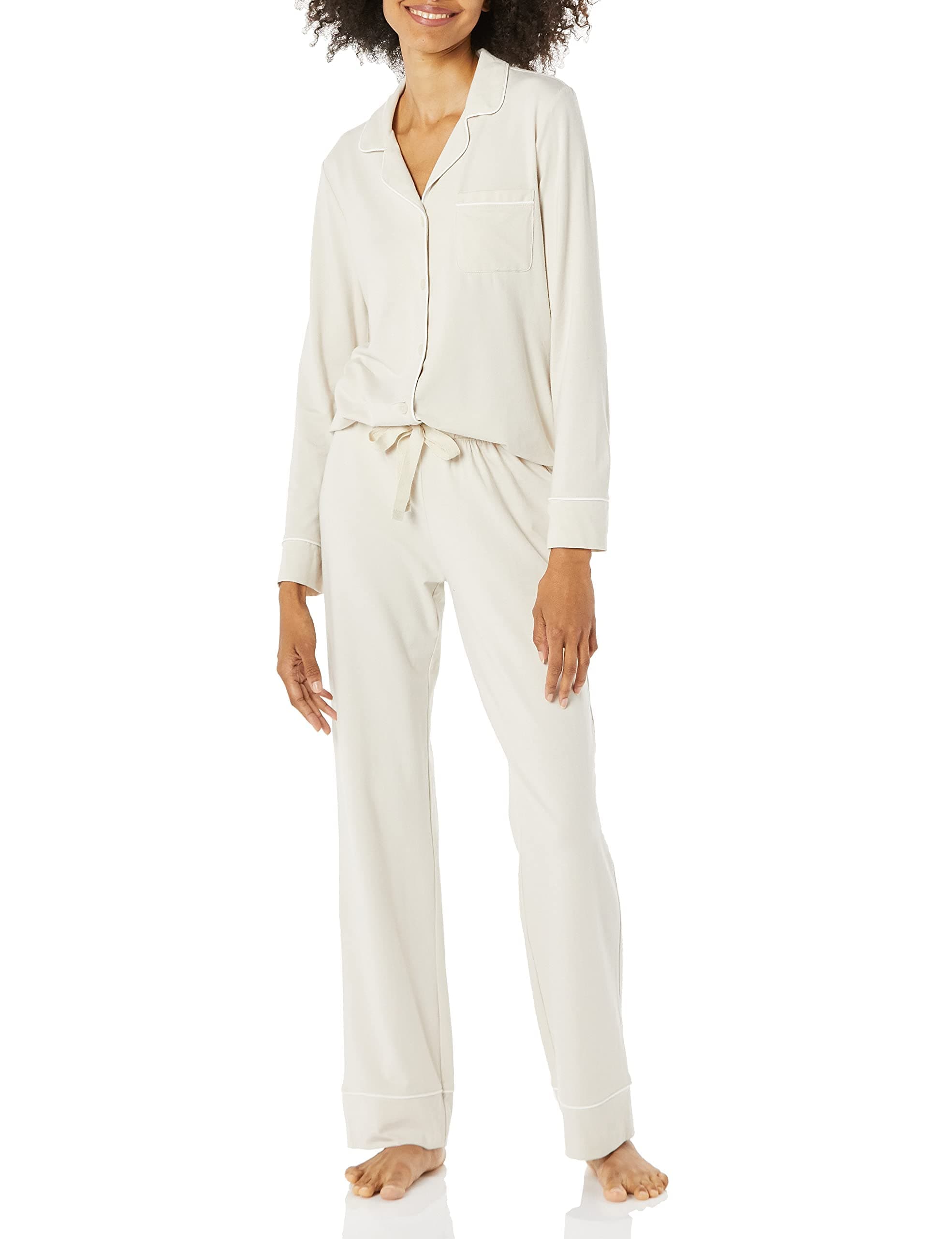 Amazon Essentials Damen Schlafanzug-Set 🌙 Baumwollmodal langärmliges Hemd und Lange Hose M Beige
