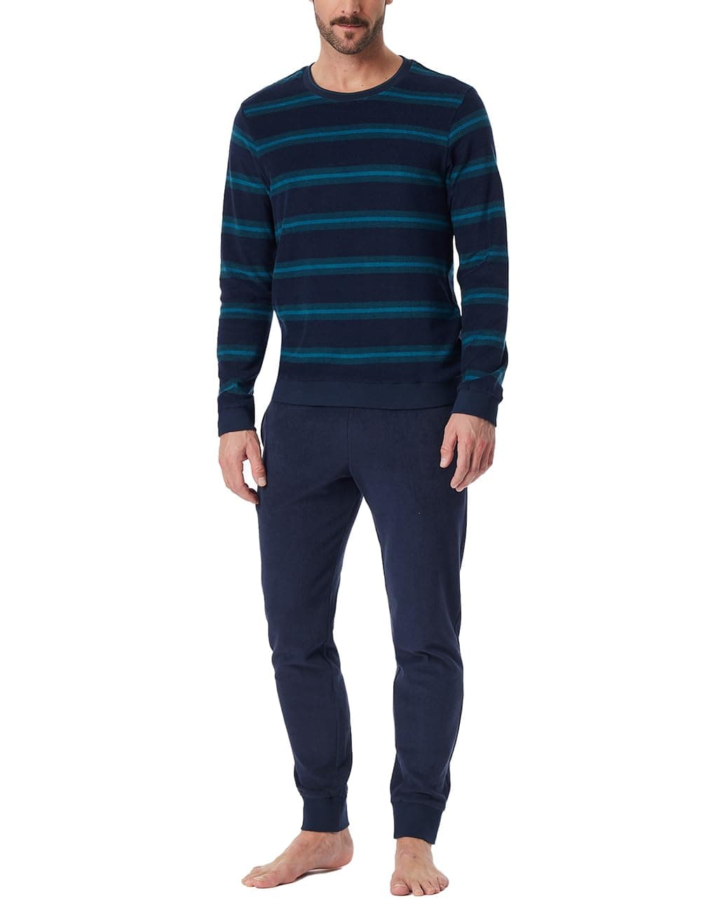 🌙🌟 Schiesser Herren Schlafanzug Lang mit Bündchen - Weiches Frottee - Casual Nightwear Pyjamaset 50 Petrol