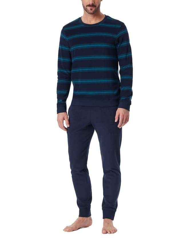 🌙🌟 Schiesser Herren Schlafanzug Lang mit Bündchen - Weiches Frottee - Casual Nightwear Pyjamaset 50 Petrol