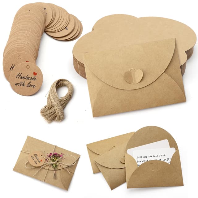 ZMDMAH 100 Stück Geschenkanhänger Kraftpapier Anhänger und 50 Stück Mini Briefumschläge