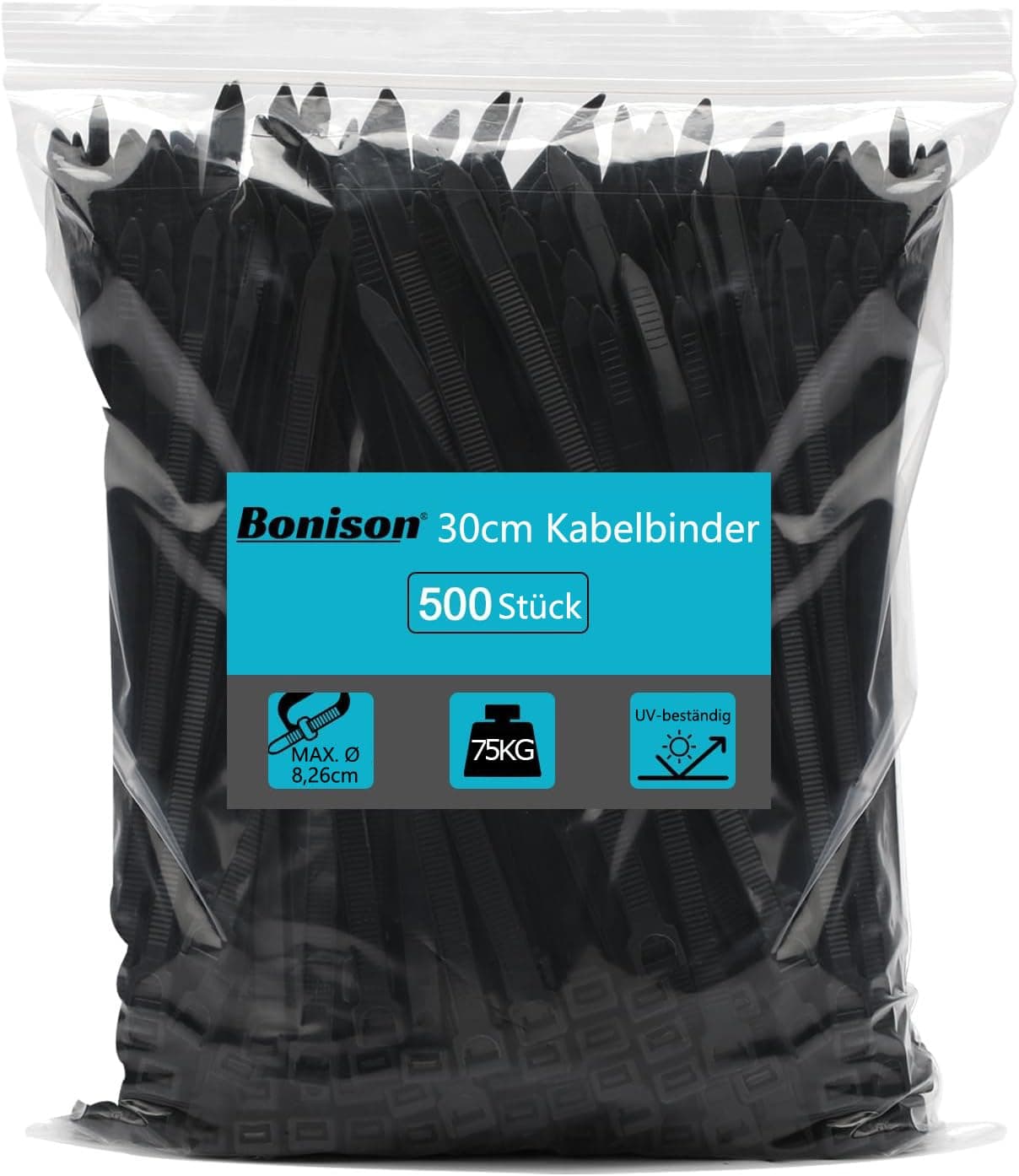 🔗 Bonison Kabelbinder - 500 Stück Nylon 7,6 mm/30,5cm Selbsthemmend Reißverschluss-Krawatten