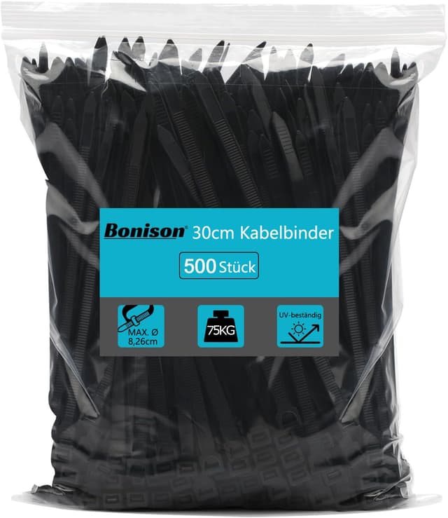 🔗 Bonison Kabelbinder - 500 Stück Nylon 7,6 mm/30,5cm Selbsthemmend Reißverschluss-Krawatten