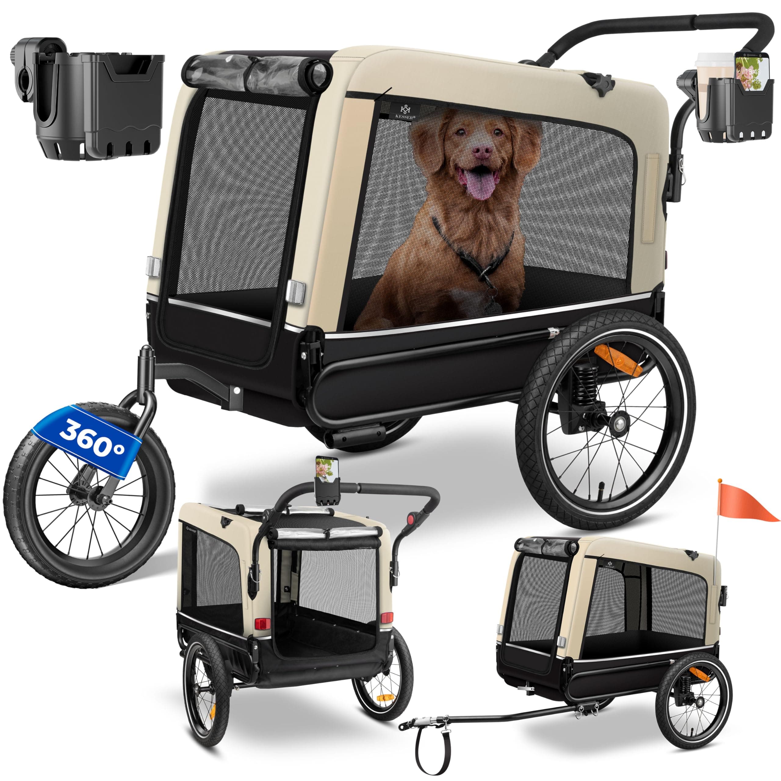 🐾 KESSER® Hundeanhänger Boxer 3-in-1 Hundebuggy & Jogger Fahrradanhänger 🚴