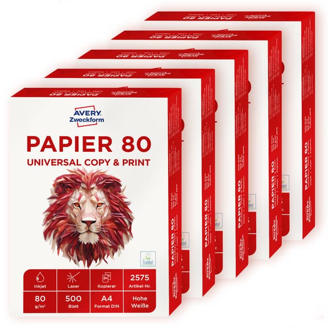 🔥  AVERY Zweckform 2575 Drucker-/Kopierpapier 2.500 Blatt - 1 Box mit 5 Pack, weiß 2.500 Blatt Single 📦