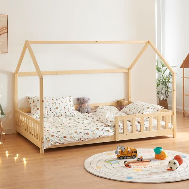 [en.casa] Kinderbett Hesel Hausbett Holzoptik 120 x 200 cm mit Rausfallschutz