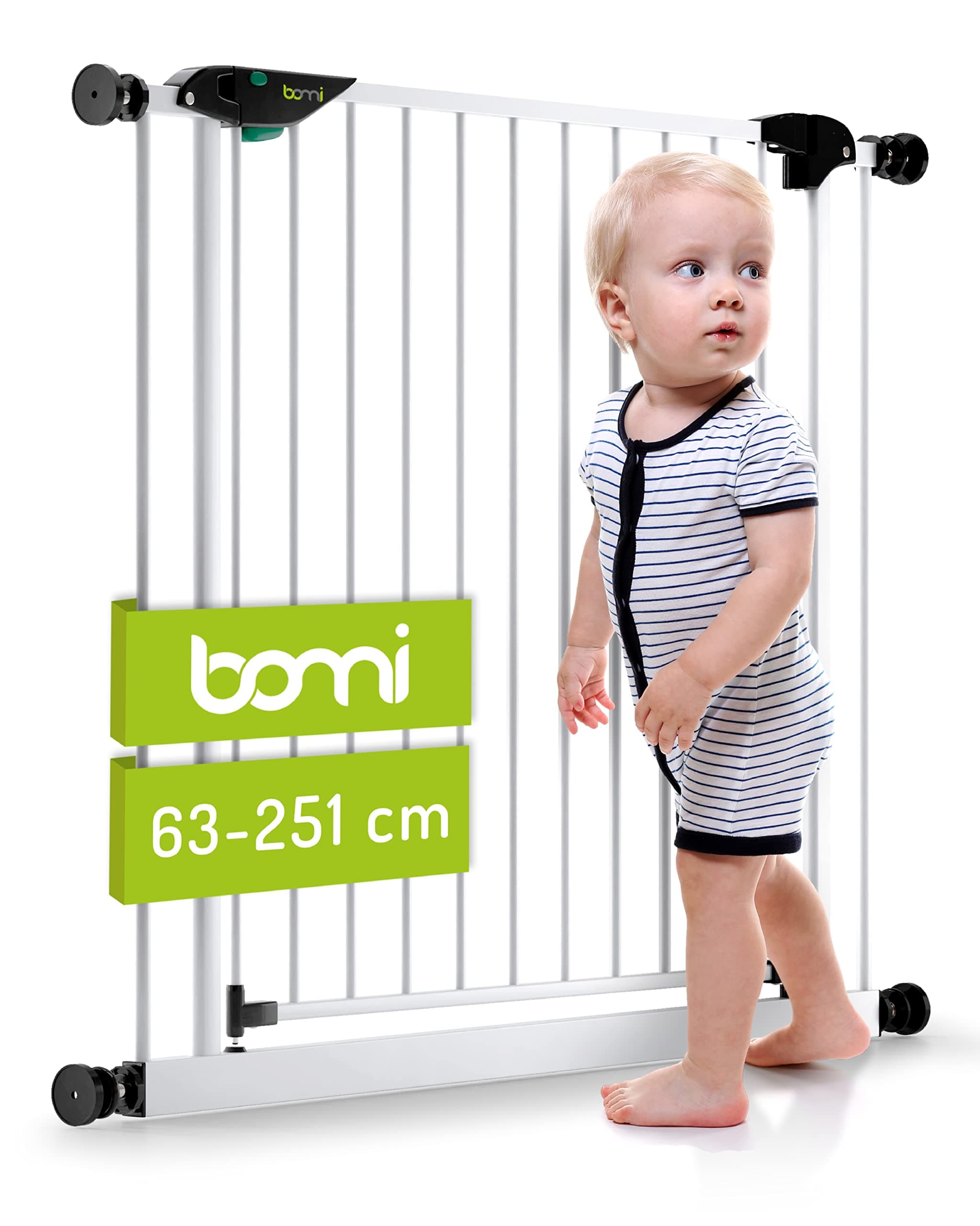 BOMI Baby Treppenschutz Mira | Ohne Bohren | 90° Stop | Schließt automatisch | Treppenschutzgitter zum Klemmen in Weiß