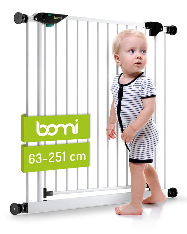 BOMI Baby Treppenschutz Mira | Ohne Bohren | 90° Stop | Schließt automatisch | Treppenschutzgitter zum Klemmen in Weiß