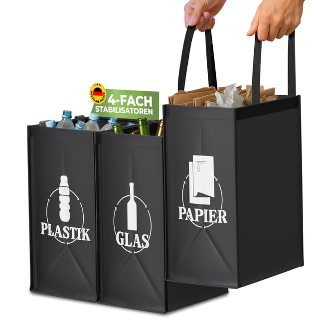 🌟 COTTARA® Mülltrennsystem 3fach Plastik, Glas, Papier 🌟 | Stabiler Stand 4 x Stabilisatoren | Perfekt als Mülltrenner, Pfandflaschen Aufbewahrung, Recycling Behälter, Altpapier Sammler | Schwarz