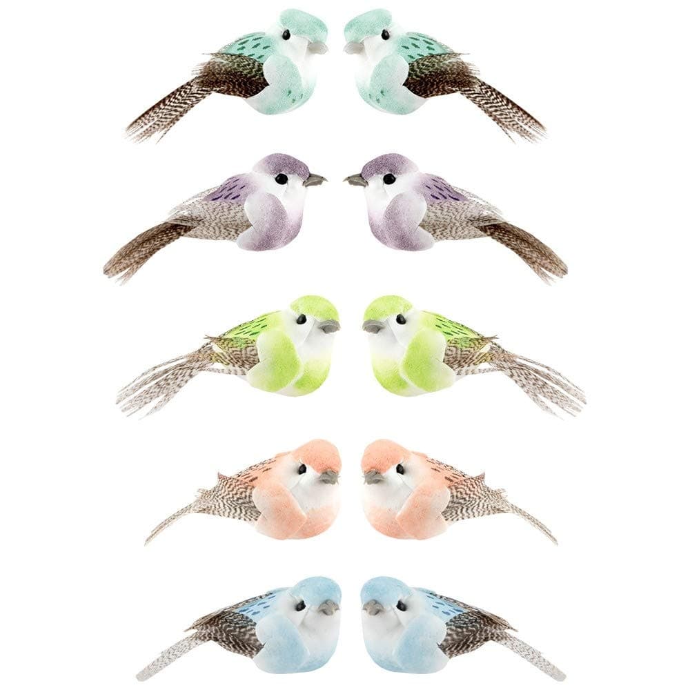 🕊️ Deko-Federvögel 10 Stück | Künstliche Vögel in 5 Farben | Ideen mit Herz
