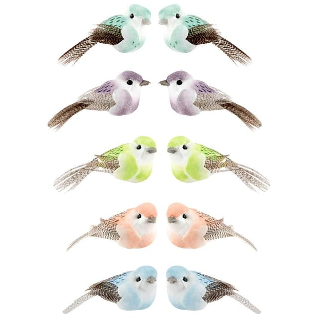 🕊️ Deko-Federvögel 10 Stück | Künstliche Vögel in 5 Farben | Ideen mit Herz