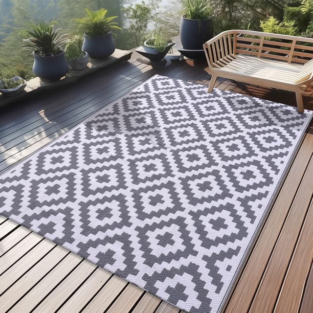 🌞🏕️🏞️ Homaxy Outdoor Teppich Wetterfest 120x180 cm Grau & Weiß 🌿🌺🌼