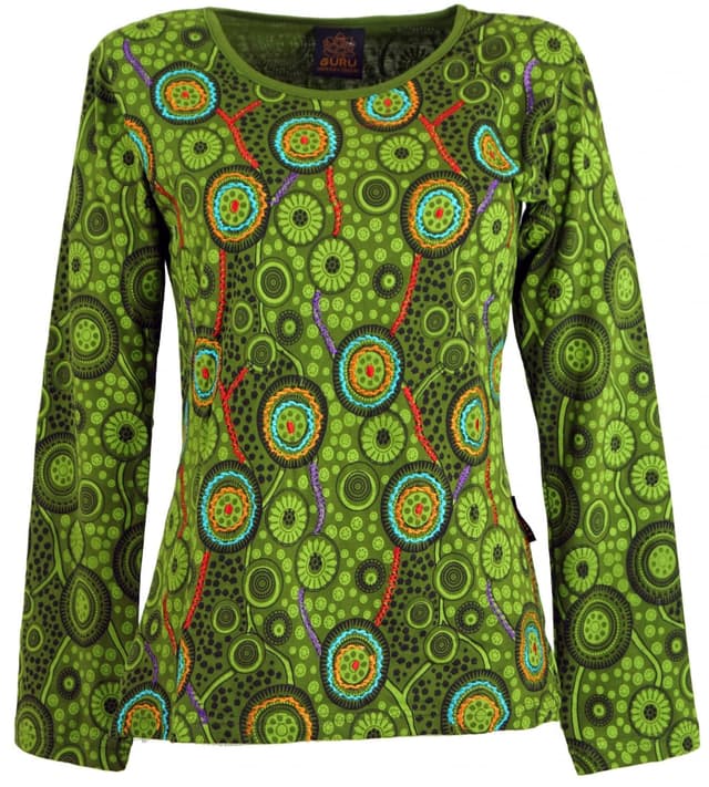 🌟 GURU SHOP Besticktes Langarmshirt Hippie Chic Retro, Damen, Baumwolle 40 Grün 🌟