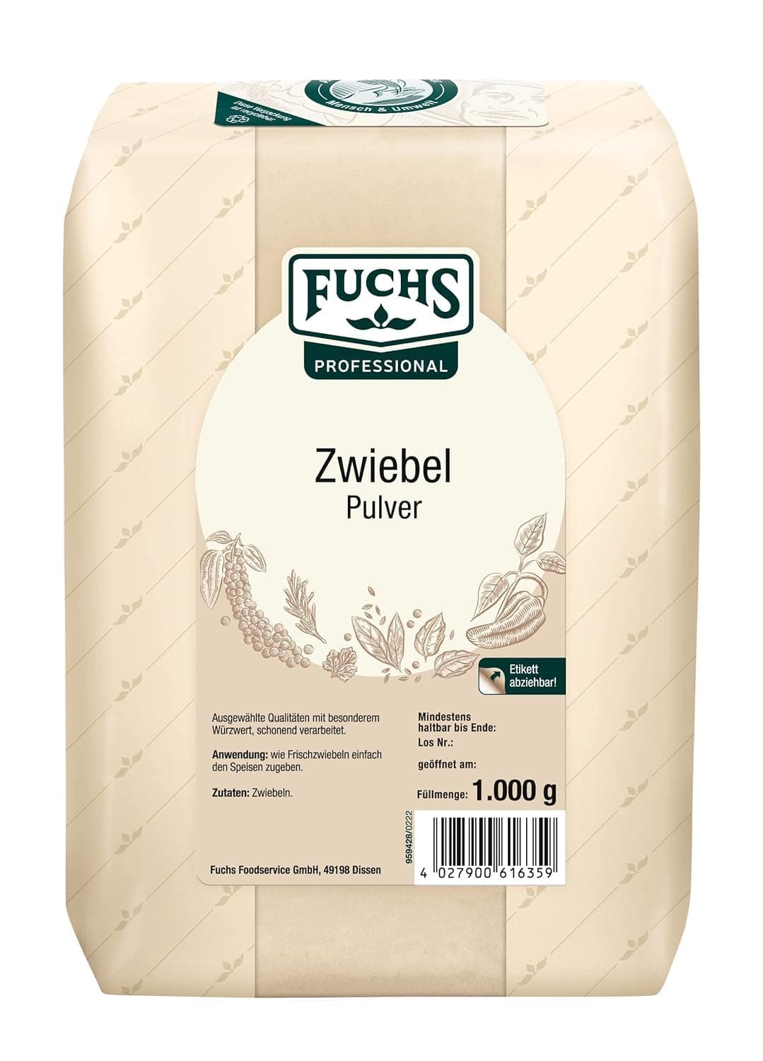 Fuchs Professional Zwiebelpulver ⭐️ | Exklusive Profi-Qualität für Gastronomie | 1 kg recyclebarer Beutel