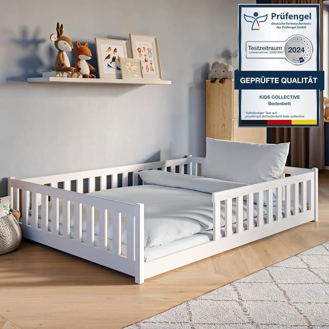 🌟 Kinderbett Bodenbett 140x200 cm mit Rausfallschutz & Lattenrost - Weiß